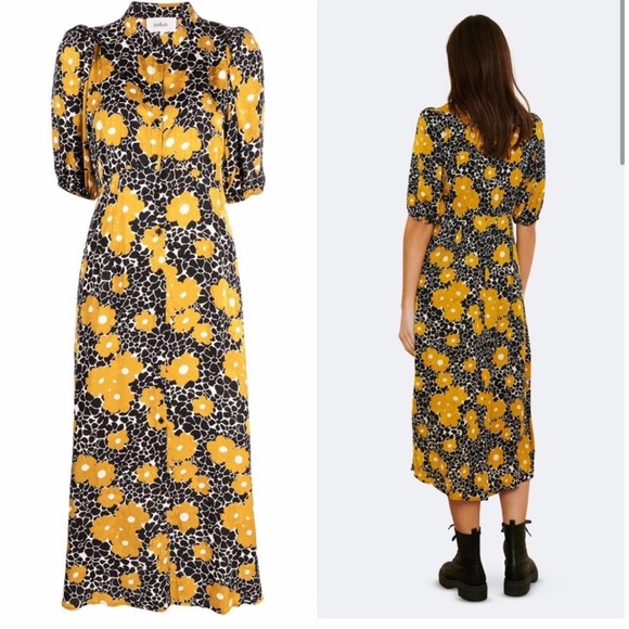 BA&SH Babeth Floral Print Shirt Midi Dress in Curry Size 0 - Picture 2 of 5